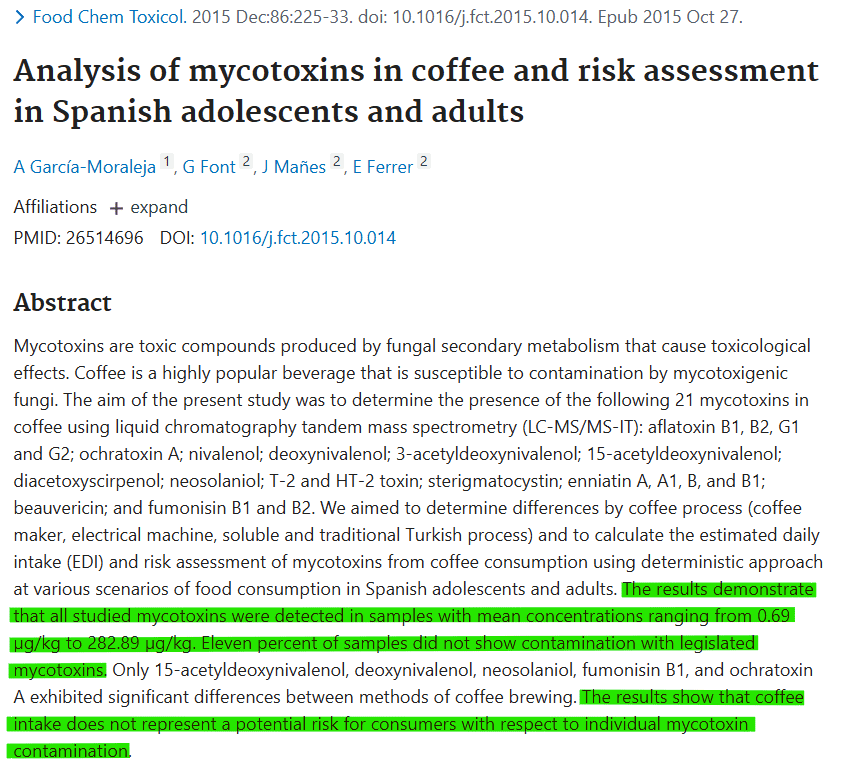 Is coffee good for you Results show that coffee intake does not represent a potential risk for consumers with respect to indivdual mycotoxin contamination